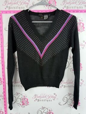 8888 vintage sweater Black V-Neck Sweater with Pink & Purple Stripe Detail